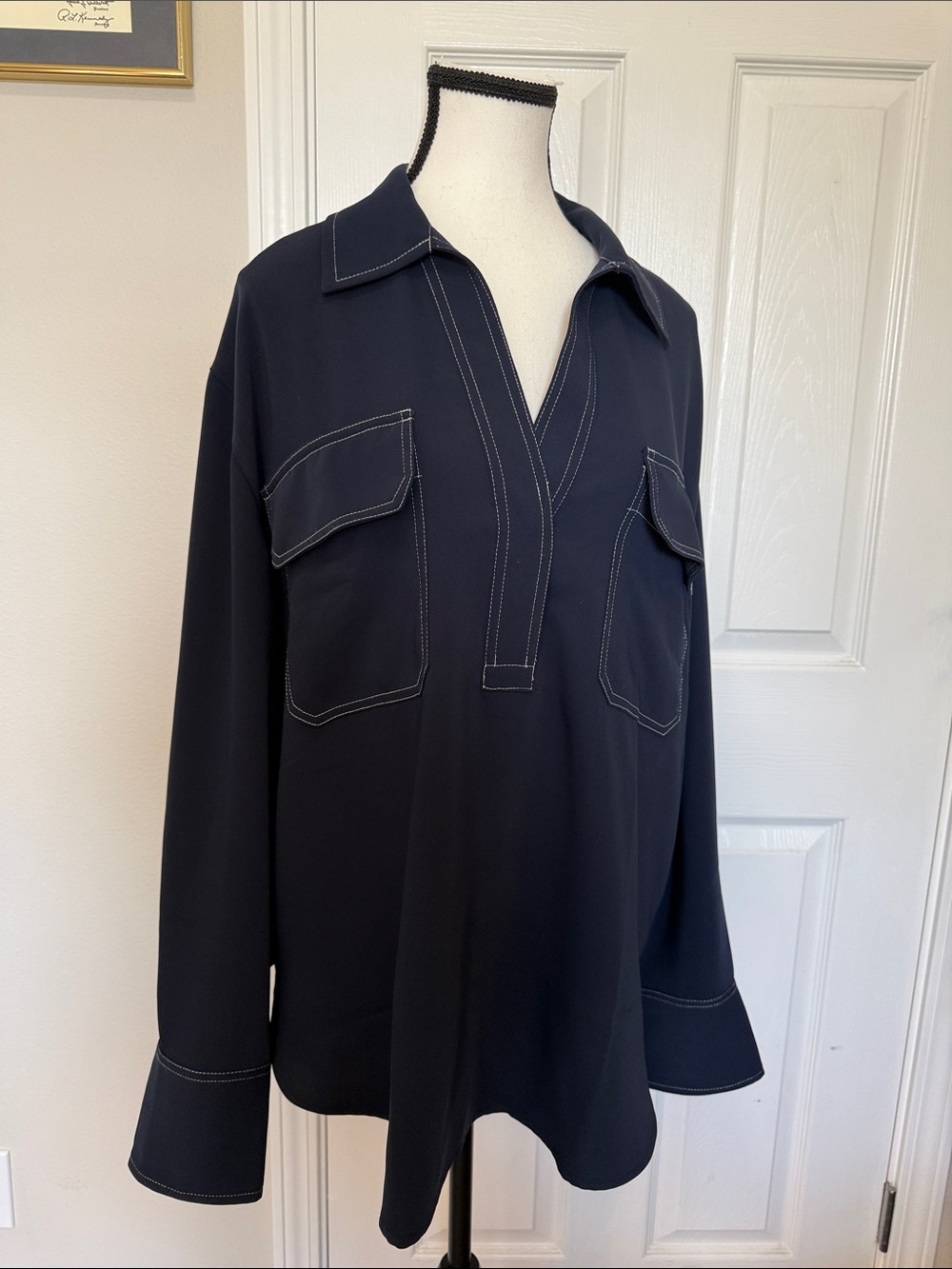 Madewell Women’s Relaxed Navy V-Neck Tunic w/Contrast Stitching SZ XL like new